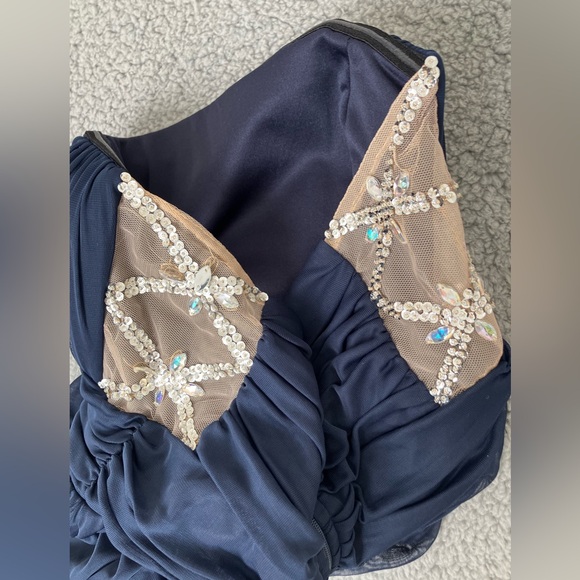 Jodi Kristopher Long Cocktail Formal Navy Blue Dress Size Medium 6-8 - Picture 7 of 10